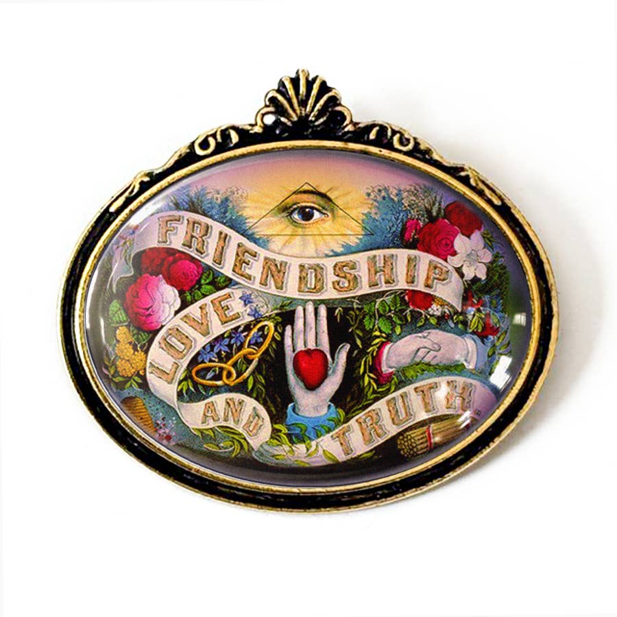 Friendship Love Truth Masonic Brooch | Vintage FLT Illustration Pin | Handmade Glass Cabochon Fraternal Jewelry