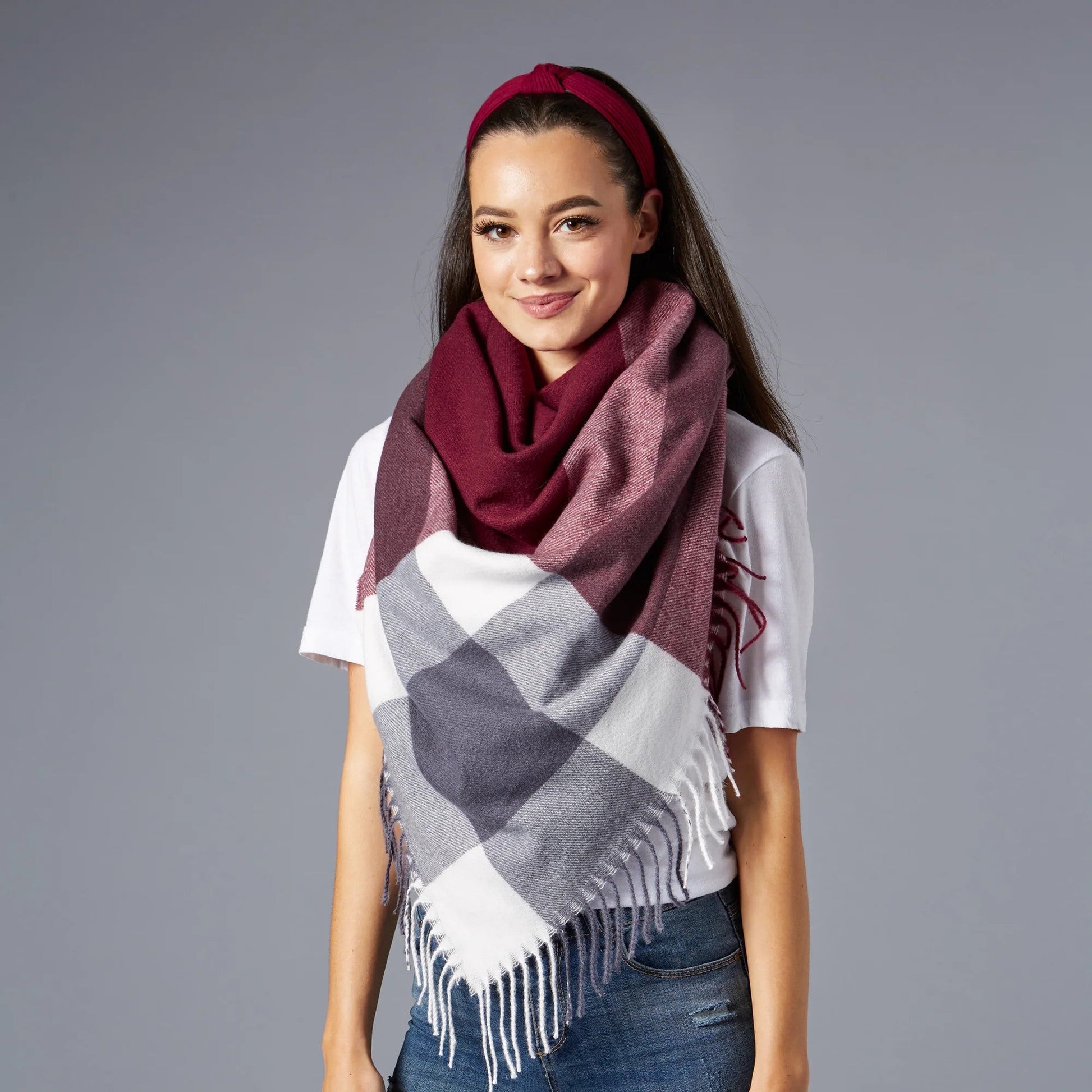 Fringe Plaid Blanket Scarf Burgundy & Grey | Soft Classic Shawl Wrap | 57" x 57"