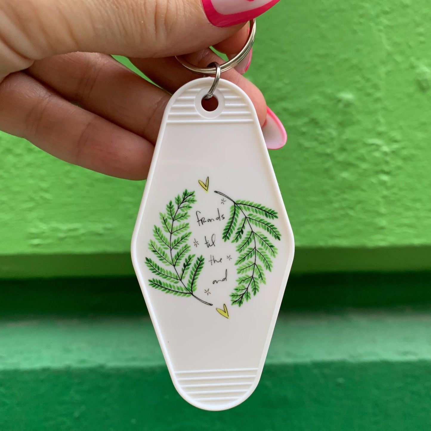 Fronds Til The End Motel Style Illustrated Funny Keychain - White, Green