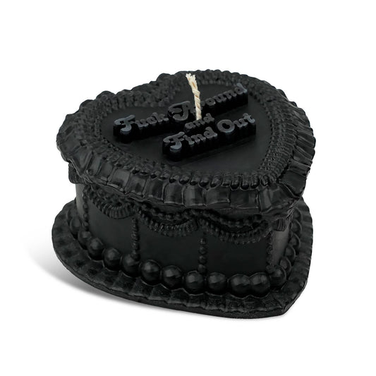 Fuck Around and Find Out Heart Cake Unscented Candle in Black-Fun Club-The Bullish Store