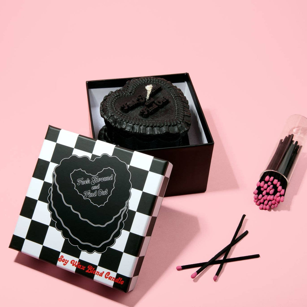Fuck Around and Find Out Heart Cake Unscented Candle in Black-Fun Club-The Bullish Store