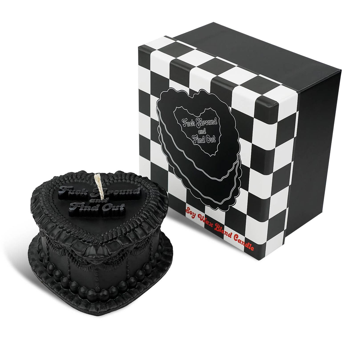 Fuck Around and Find Out Heart Cake Unscented Candle in Black-Fun Club-The Bullish Store