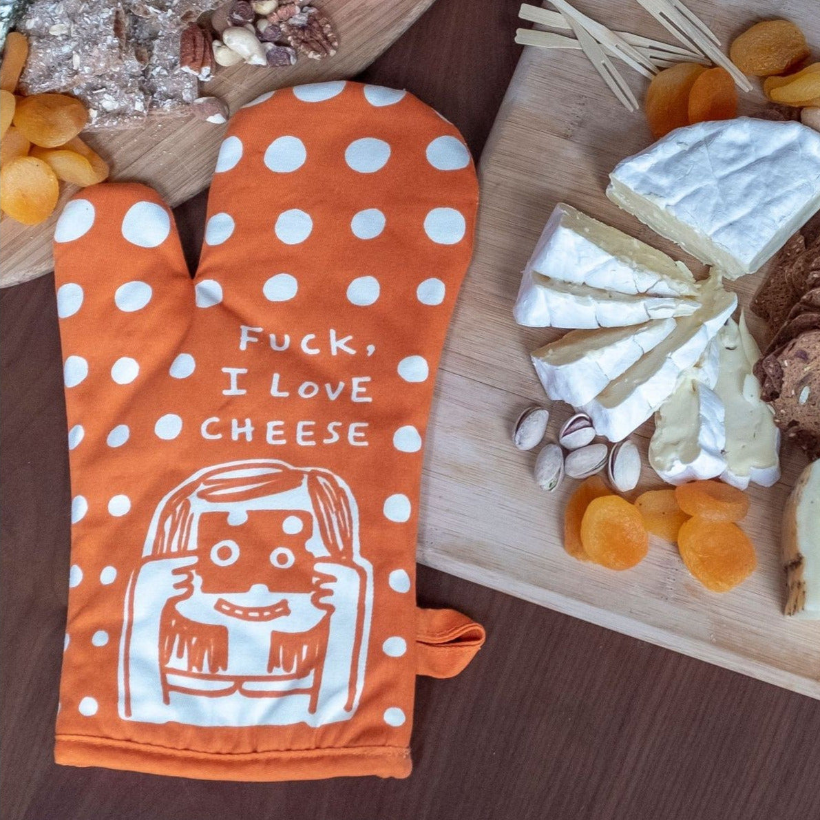 Fuck, I Love Cheese Oven Mitt in Orange | Kitchen Thermal Single Pot Holder | BlueQ at GetBullish