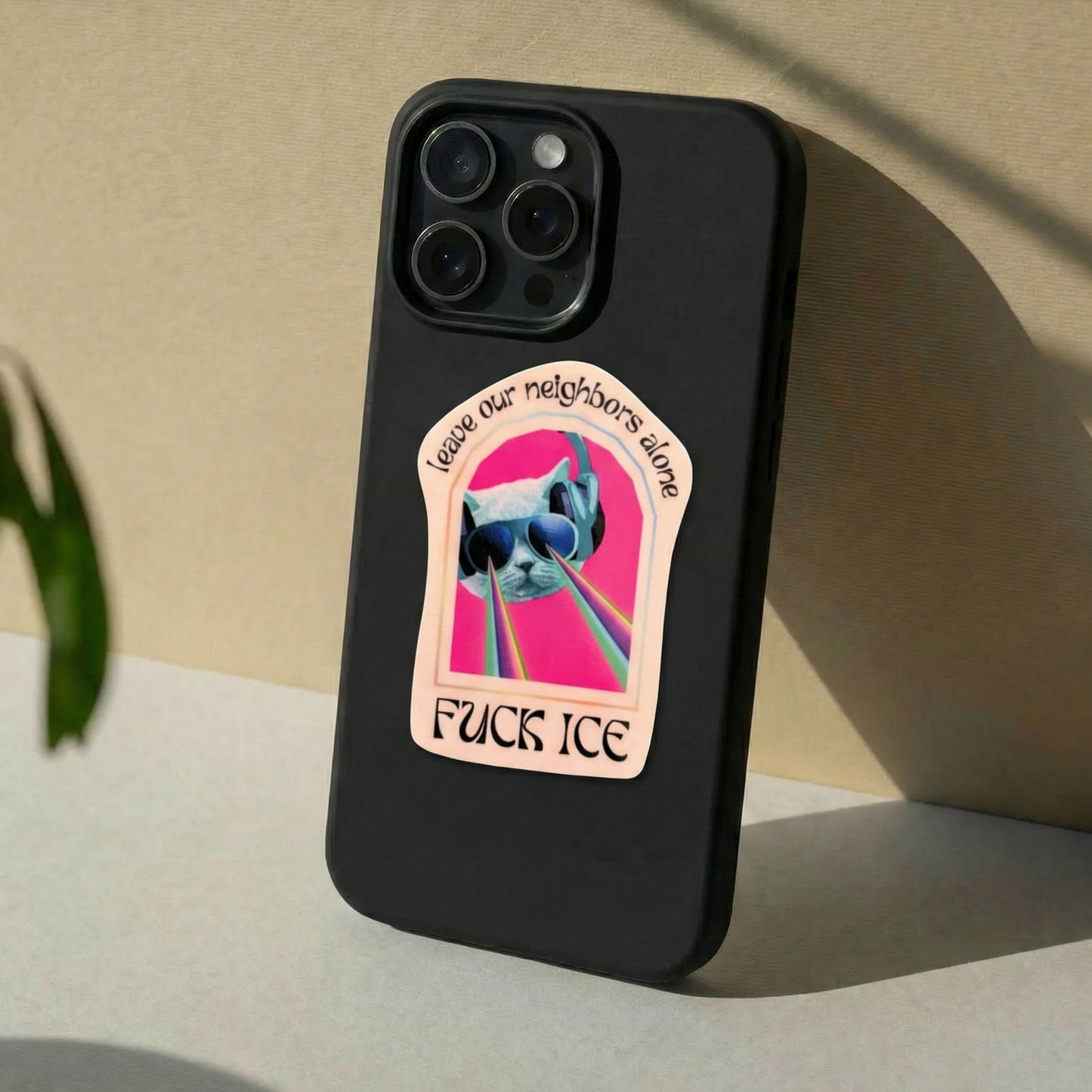 Fuck ICE Leave Our Neighbors Alone Sticker with Laser Eyes Cat