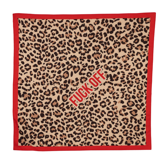Leopard print scarf with red border and 'FUCK OFF' text 