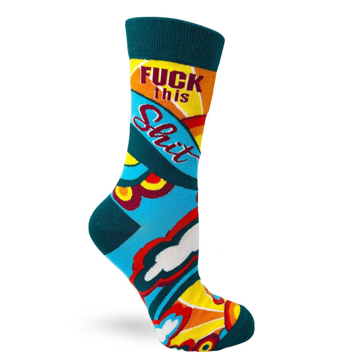 Colorful sock with graphic design and text