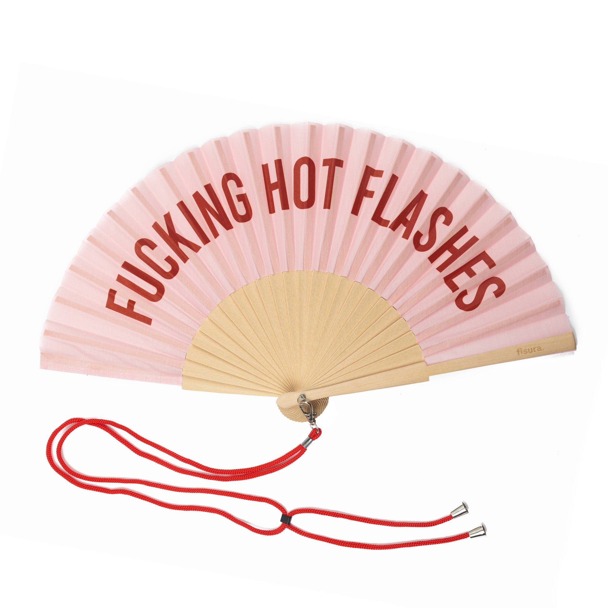 Pink hand fan with 'F***ING HOT FLASHES' text and red lanyard on a white background