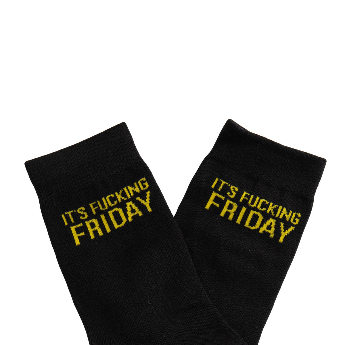 Black socks with yellow text 'It's Fucking Friday' 