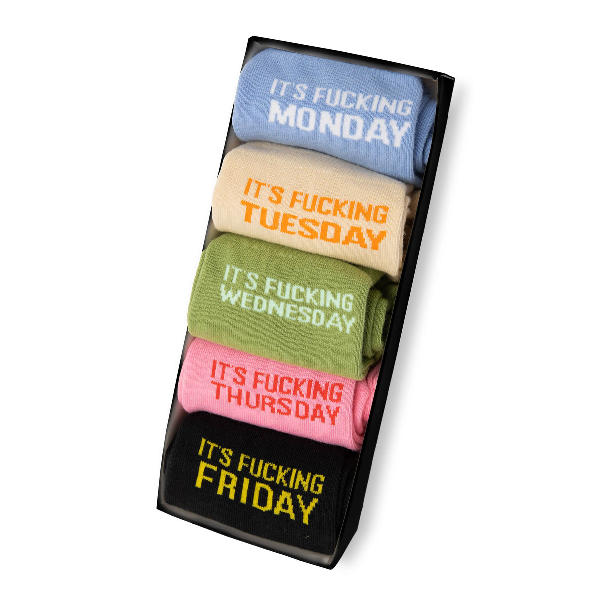 Set of socks with days of the week text in colorful packaging