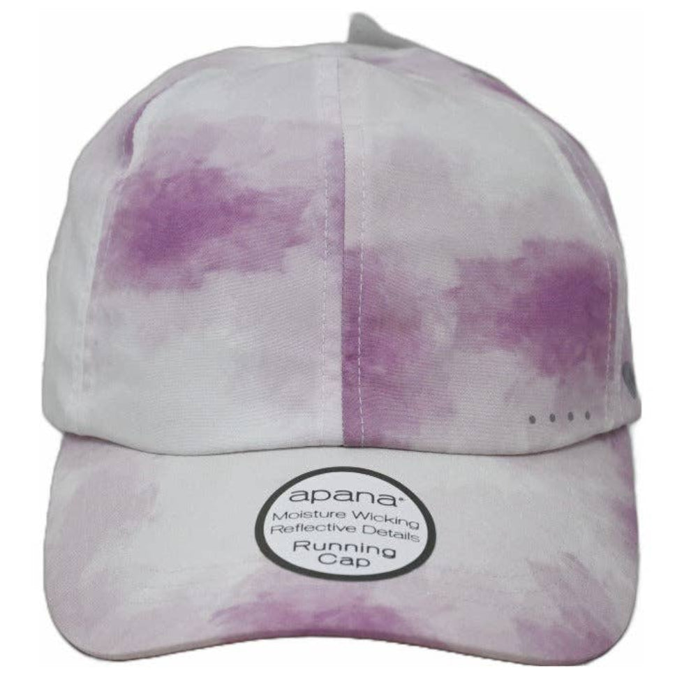 Purple and white tie-dye cap with apana logo on a white background