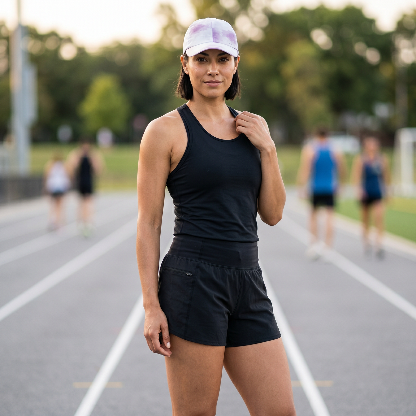 Woman in athletic wear and baseball cap standing on a track with blurred runners in the background