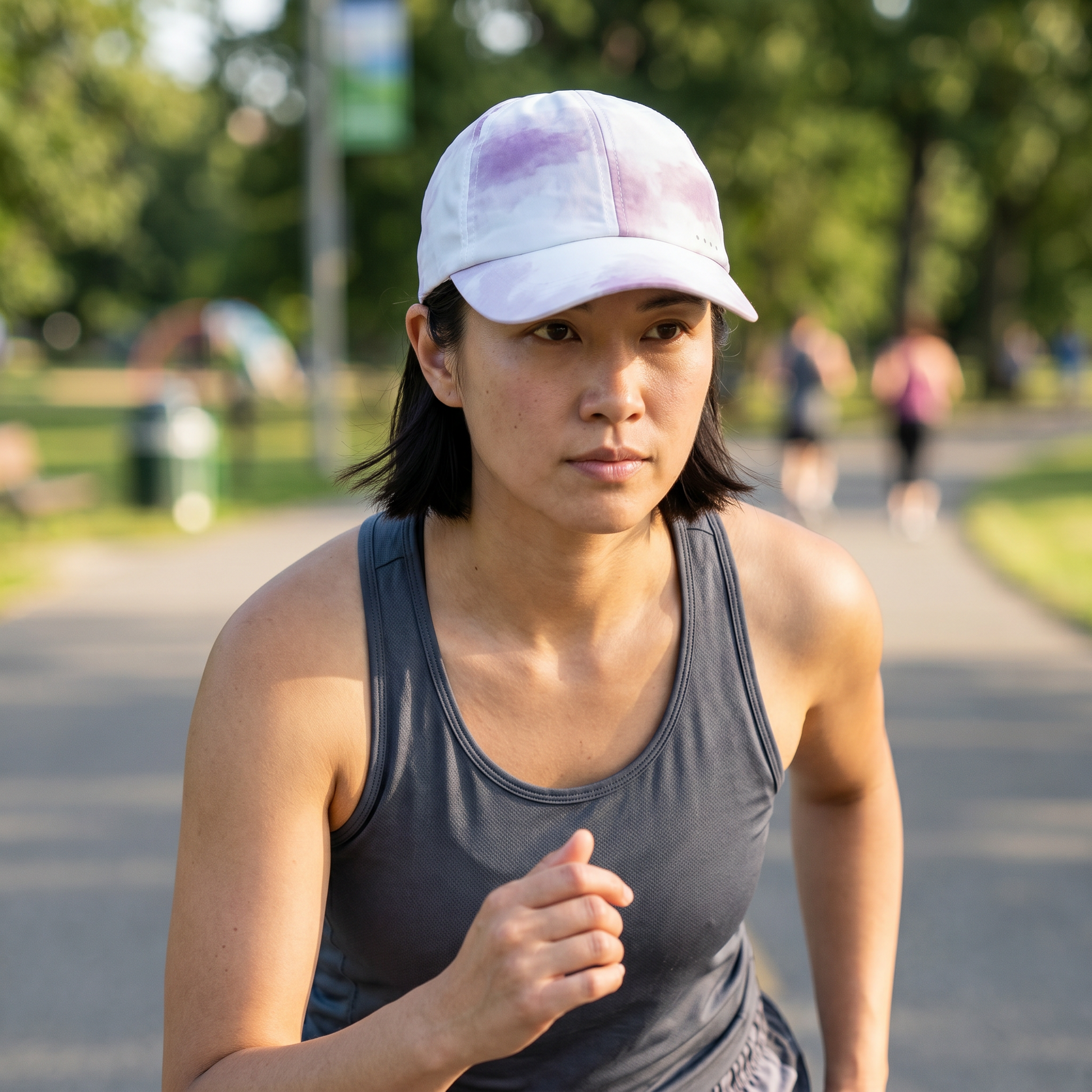 Woman running outdoors wearing an athletic cap and tank top