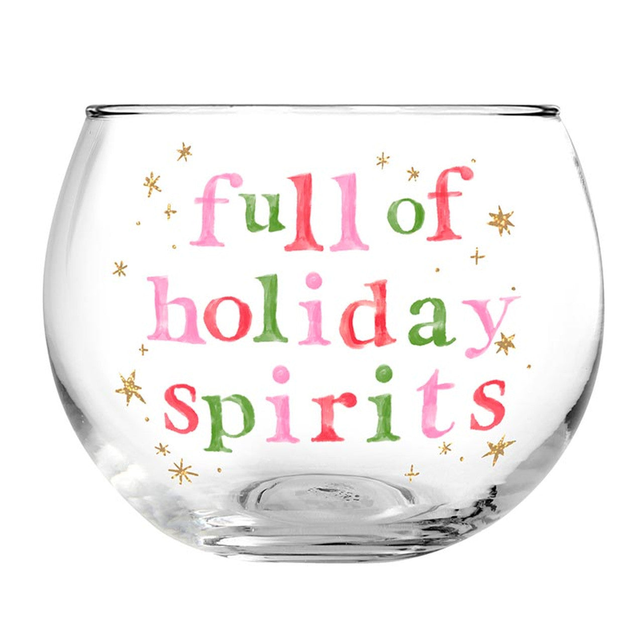Clear glass with 'full of holiday spirits' text in colorful letters on a white background