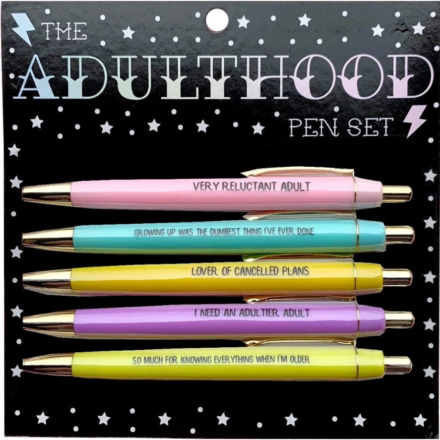 Fun Club Adulthood Pen Set In Pastels | 5 Ballpoint Pens on Gift Card