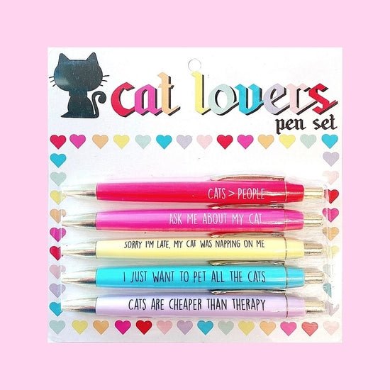 Fun Club Cat Lovers Multicolor Pen Set | 5 Funny Pens Packaged for Gifting | Cats > People, I Just Want To Pet All The Cats...