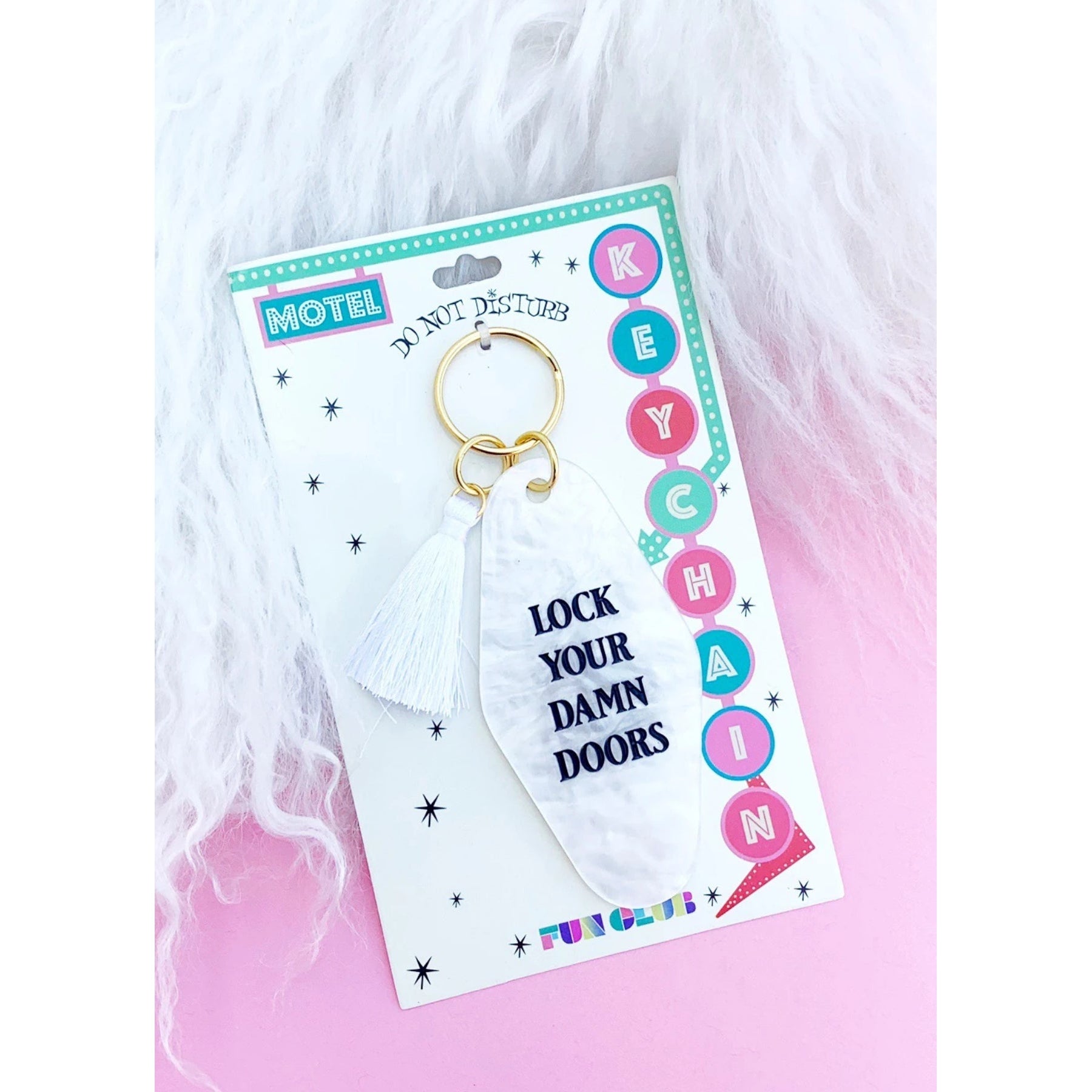 Fun Club Lock Your Damn Doors White Marble Keychain