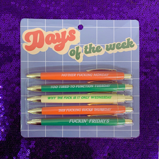 Fun Club Profanity Days of The Week Pen Set | Set of 5 Sweary Ballpoint Pen in Black Ink