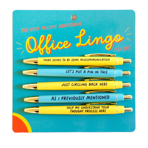 Fun Club The Very Passive Aggressive Office Lingo Pen Set | 5 Pens in Yellow and Blue