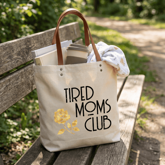 Fun Club Tired Moms Club Canvas Tote Bag | Vegan Leather Handles