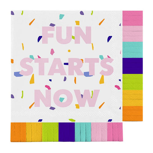 Fun Starts Now Fringe Beverage Napkins | Confetti Party Cocktail Paper Napkin | 5"