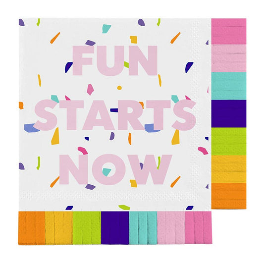 Fun Starts Now Fringe Beverage Napkins | Confetti Party Cocktail Paper Napkin | 5"