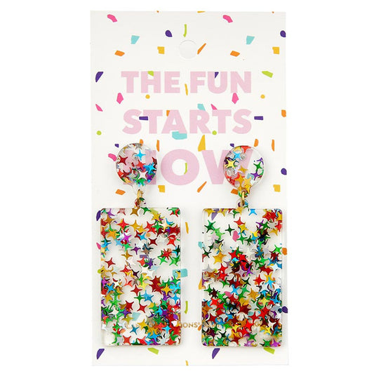 Fun Starts Now Party Earrings | Confetti Glitter Acrylic Novelty Earrings | 2.5" x 4.5"