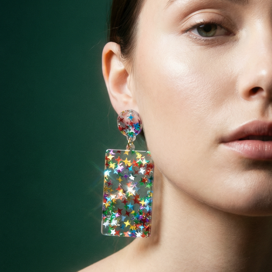 Fun Starts Now Party Earrings | Confetti Glitter Acrylic Novelty Earrings | 2.5" x 4.5"