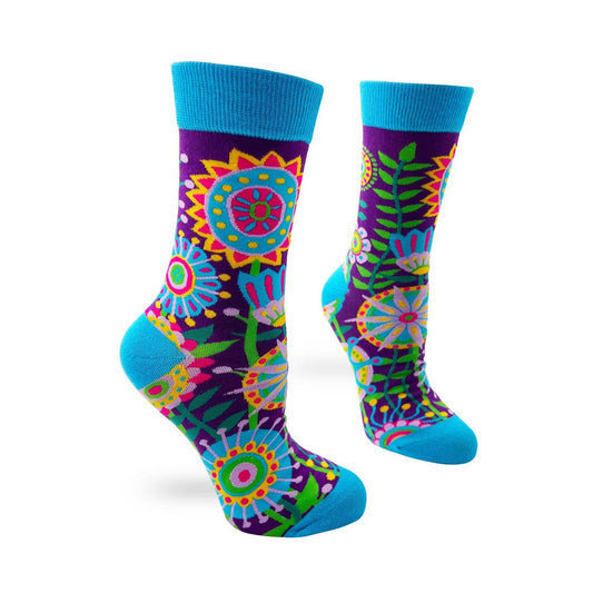 Funky Floral Women's Crew Socks | Multicolor Flower Designs Novelty Socks