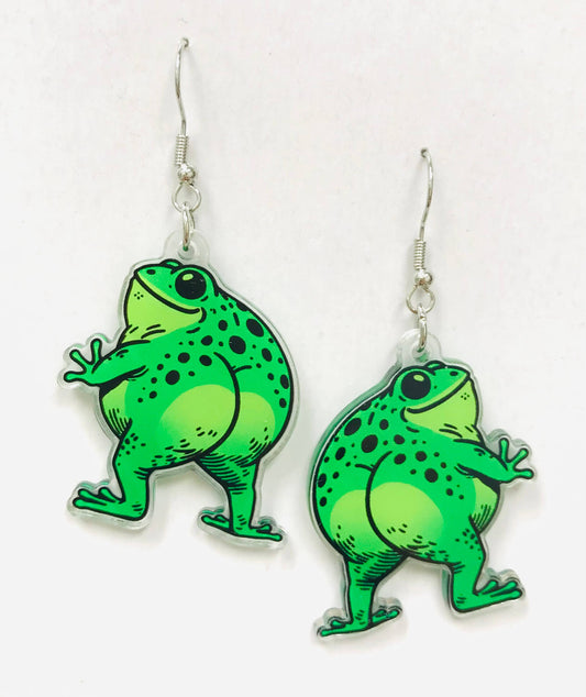 Green frog-shaped earrings showing off their butt
