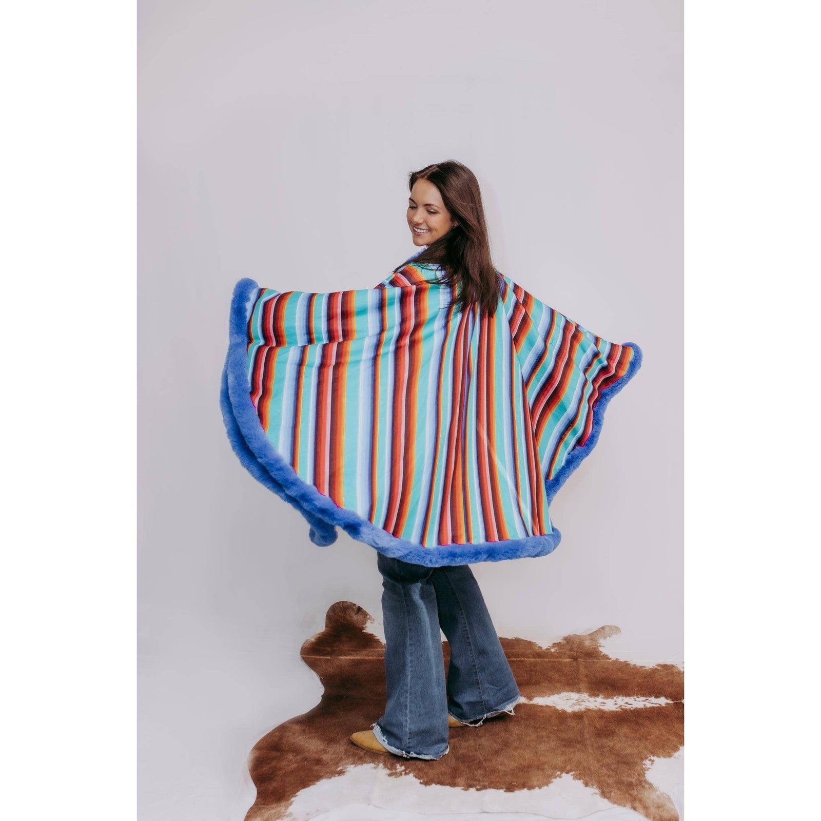 Fur Trim Poncho in Serape Southwestern Stripe | Loose Armholes Wrap Outerwear [Available in SM-3XL]