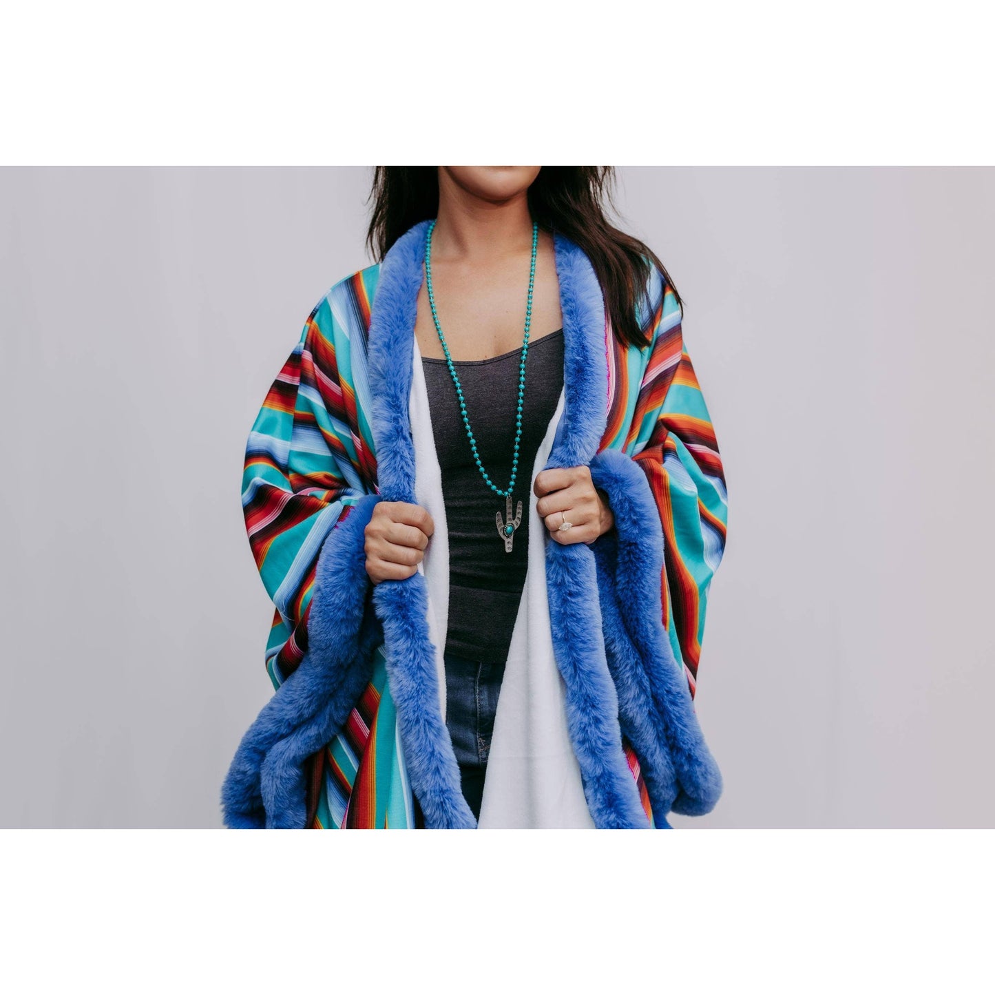 Fur Trim Poncho in Serape Southwestern Stripe | Loose Armholes Wrap Outerwear [Available in SM-3XL]