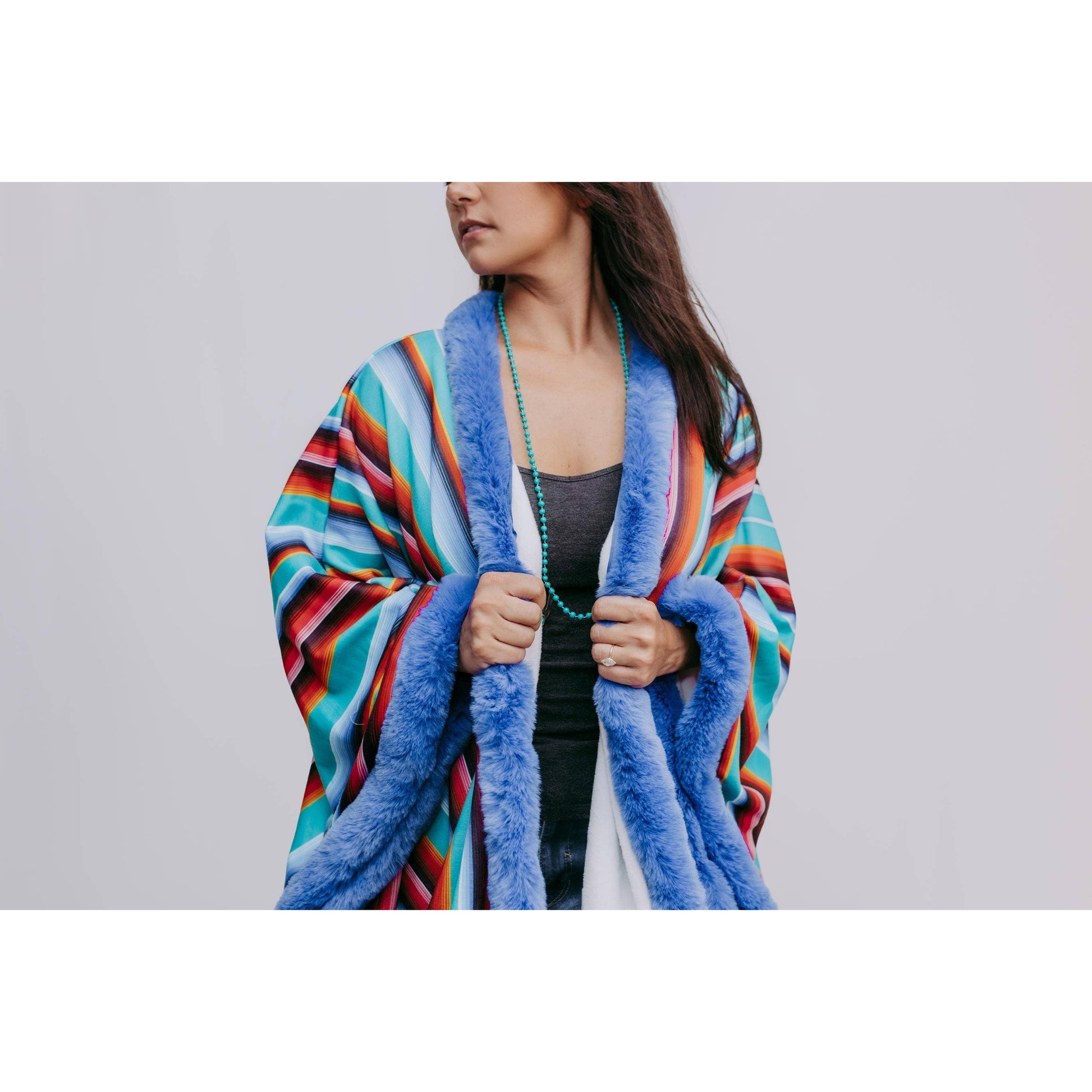 Fur Trim Poncho in Serape Southwestern Stripe | Loose Armholes Wrap Outerwear [Available in SM-3XL]