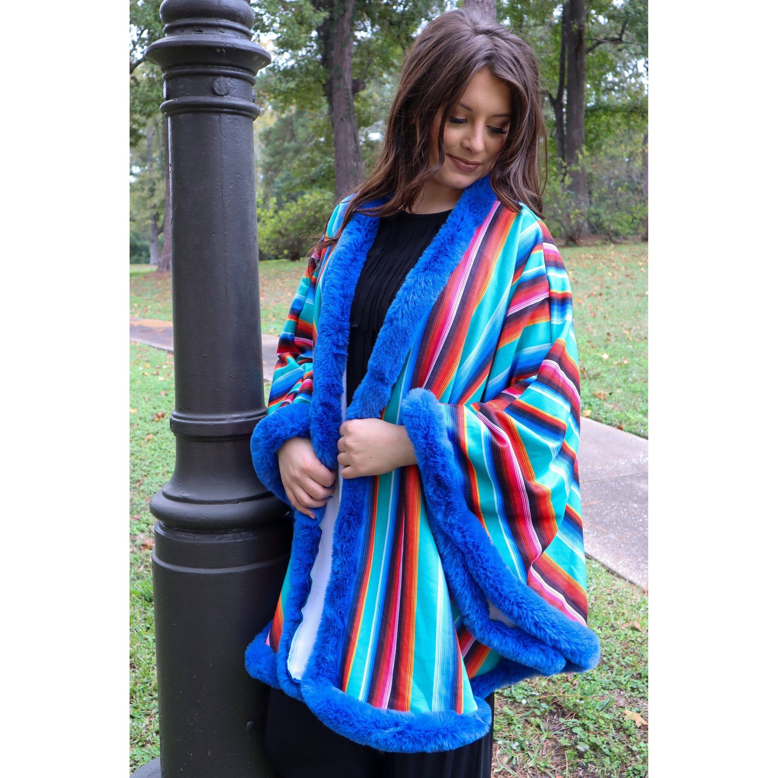 Fur Trim Poncho in Serape Southwestern Stripe | Loose Armholes Wrap Outerwear [Available in SM-3XL]