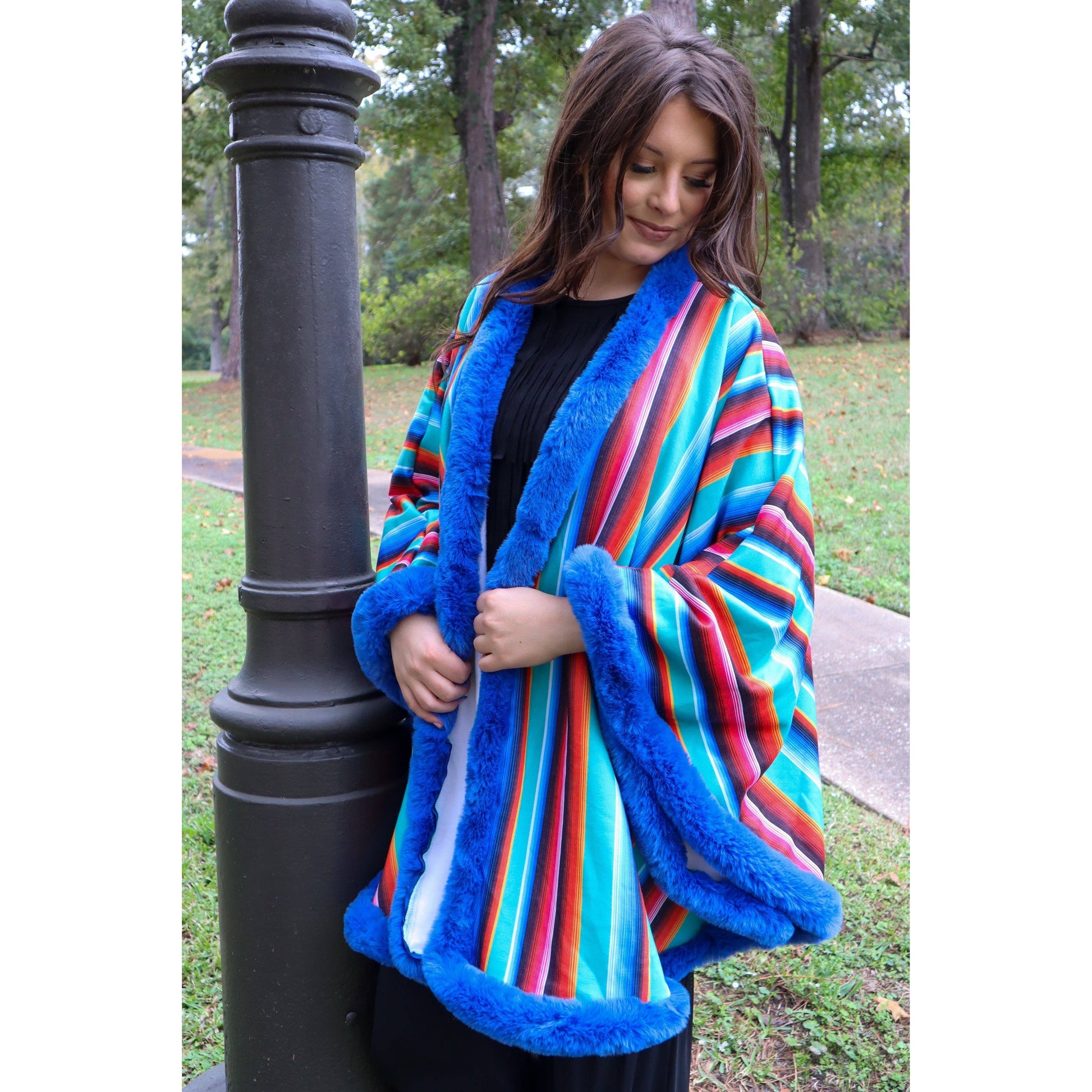 Fur Trim Poncho in Serape Southwestern Stripe | Loose Armholes Wrap Outerwear [Available in SM-3XL]