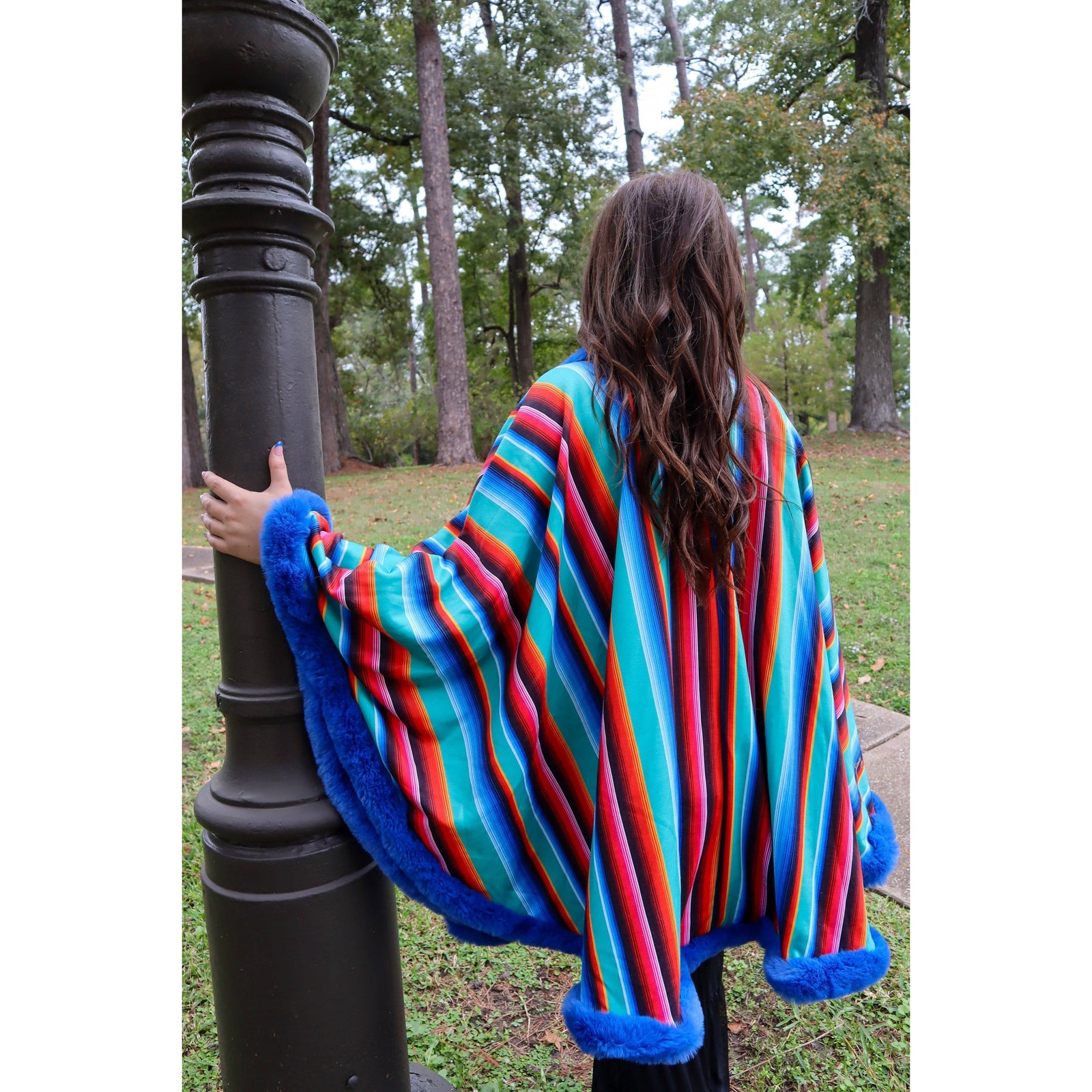 Fur Trim Poncho in Serape Southwestern Stripe | Loose Armholes Wrap Outerwear [Available in SM-3XL]