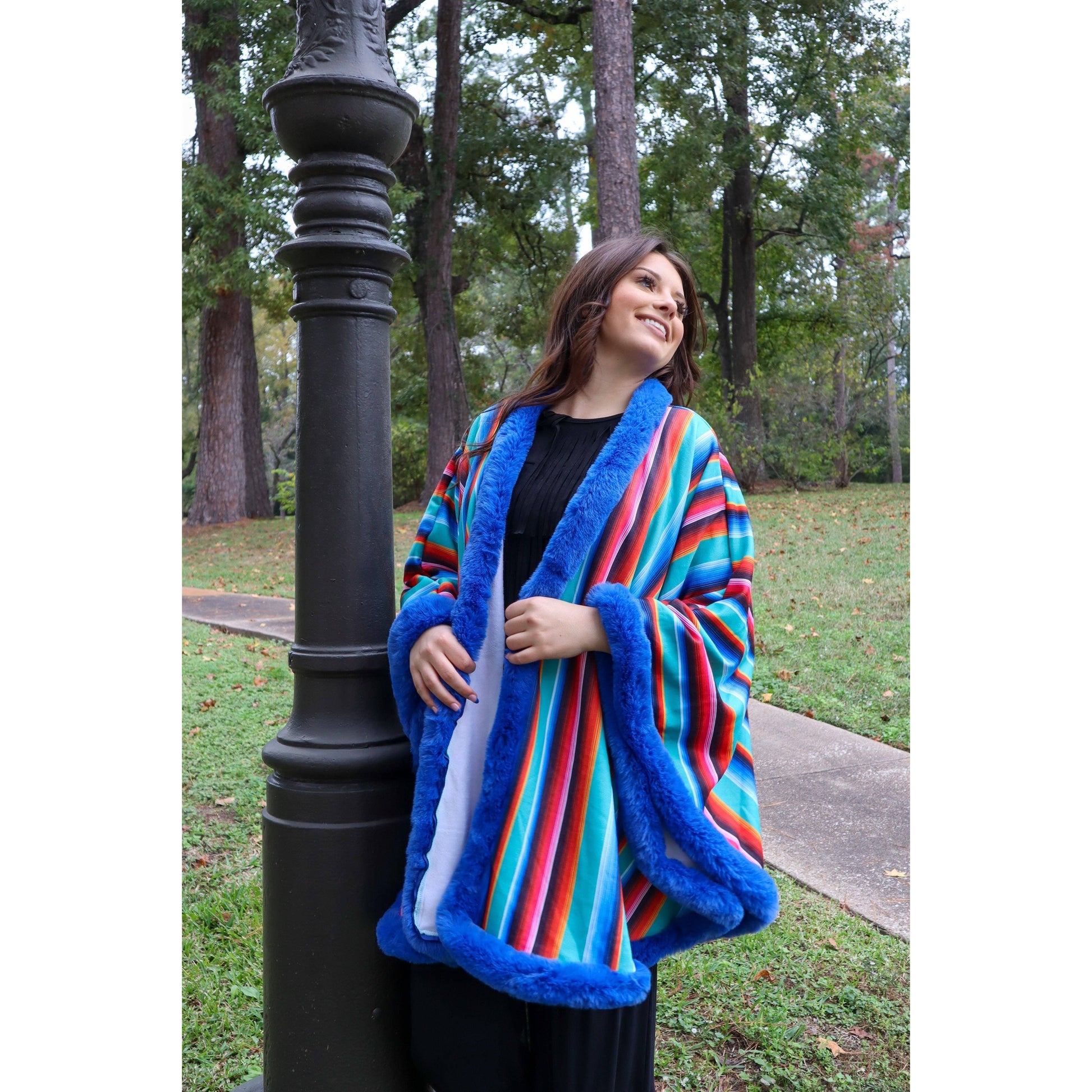 Fur Trim Poncho in Serape Southwestern Stripe | Loose Armholes Wrap Outerwear [Available in SM-3XL]