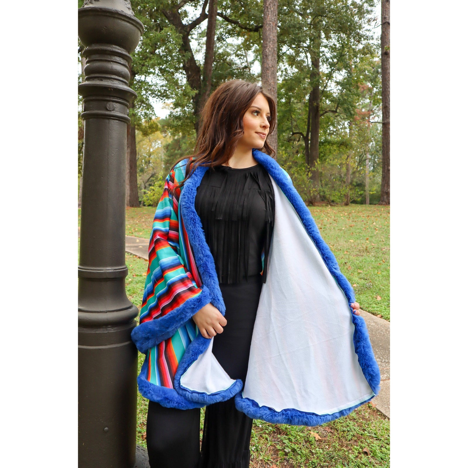 Fur Trim Poncho in Serape Southwestern Stripe | Loose Armholes Wrap Outerwear [Available in SM-3XL]