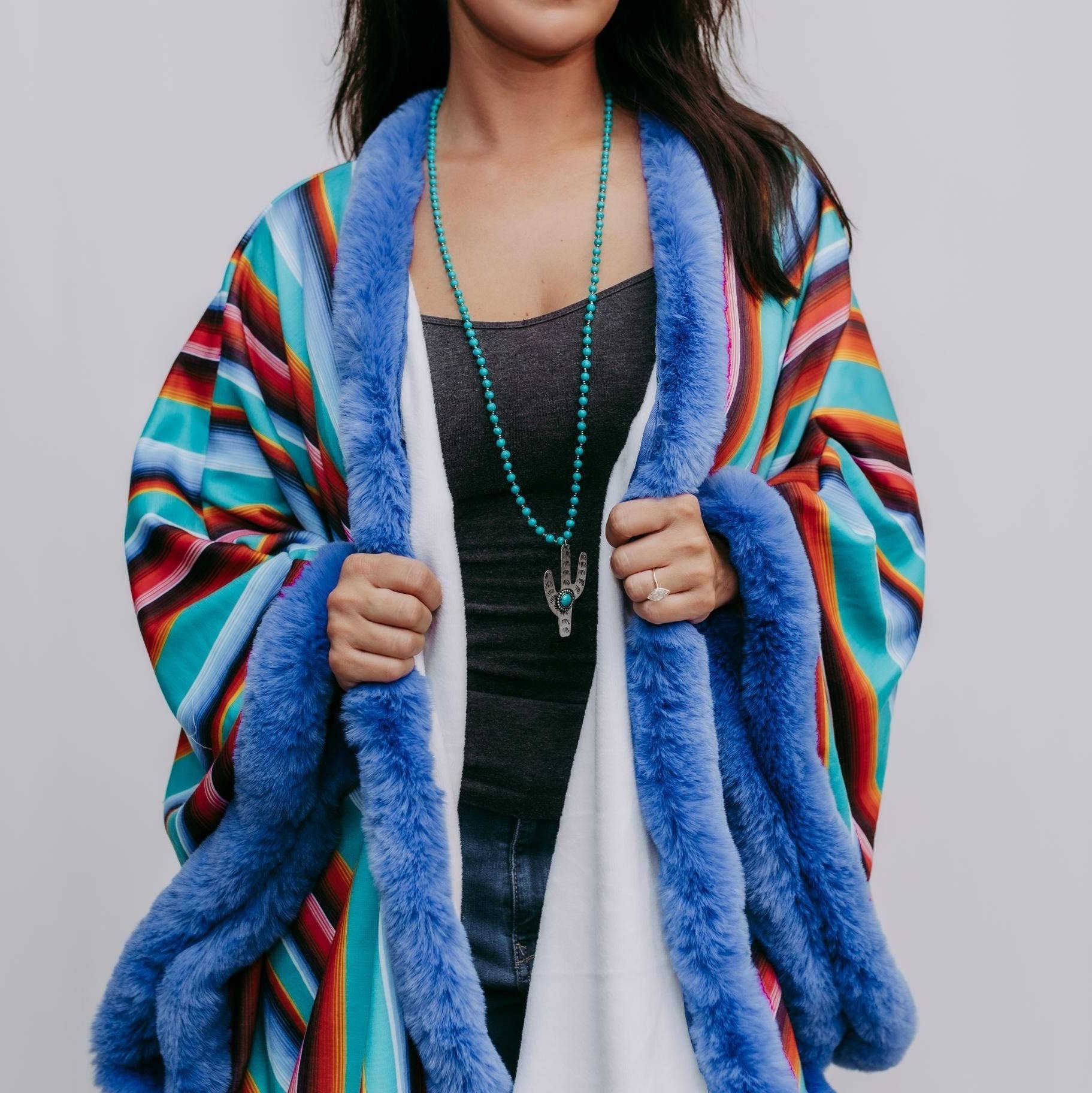 Fur Trim Poncho in Serape Southwestern Stripe | Loose Armholes Wrap Outerwear [Available in SM-3XL]