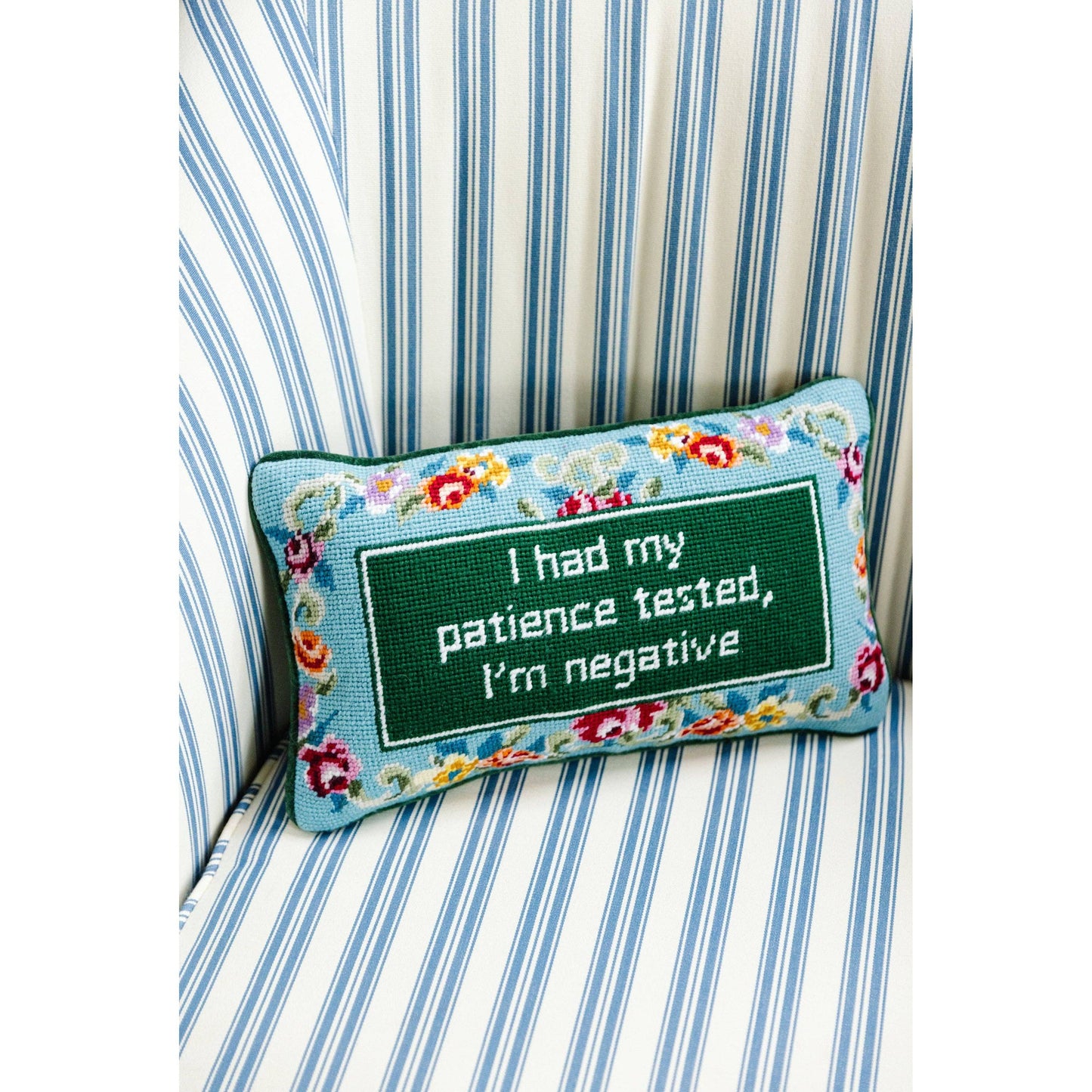 Furbish Studio Handmade "I Had My Patience Tested, I'm Negative" Small Needlepoint Pillow | Hand Embroidered with Velvet Back Funny Quote Decorative Throw Pillow