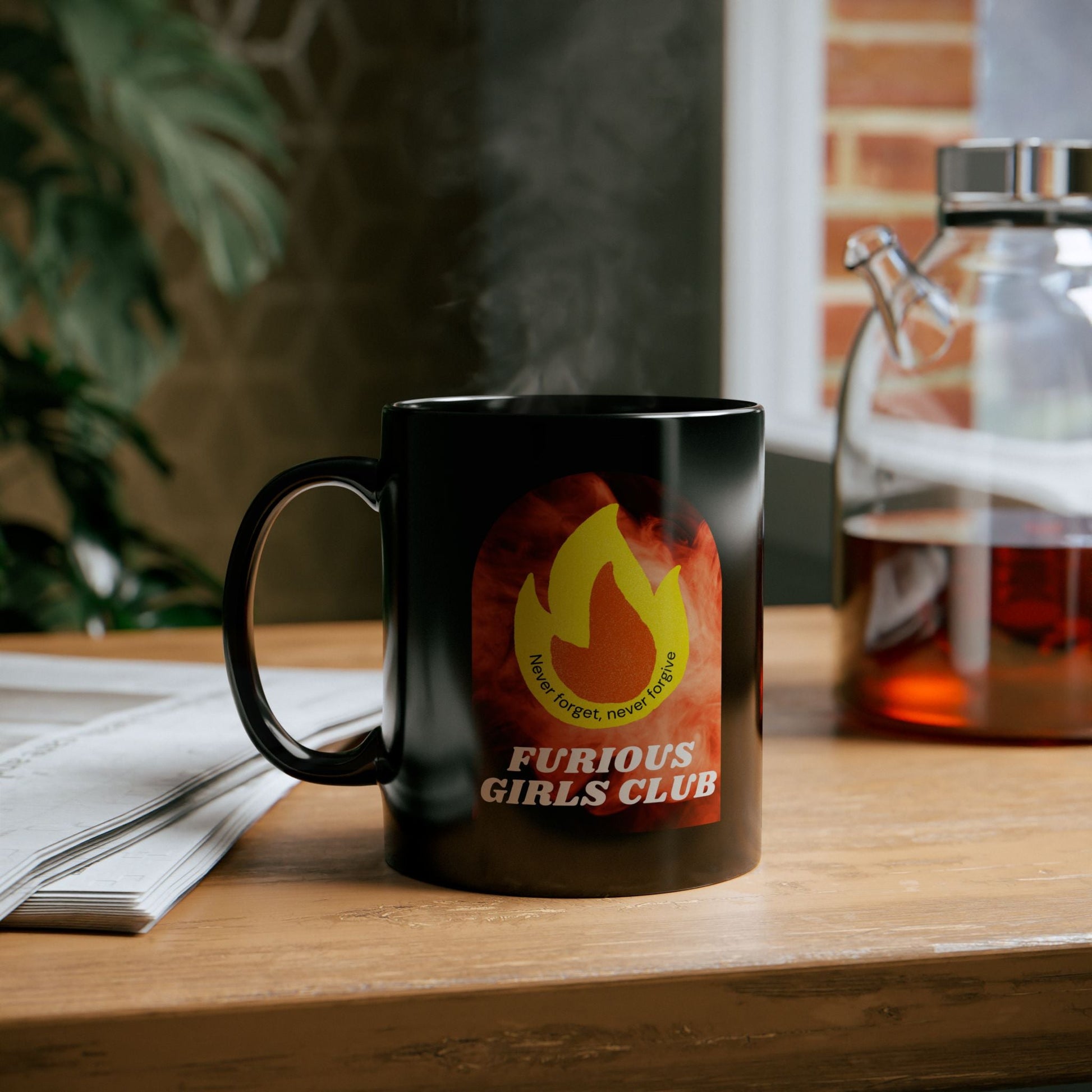 Furious Girls Club 11oz Black Mug | Feminist Resist Flames Coffee Mug