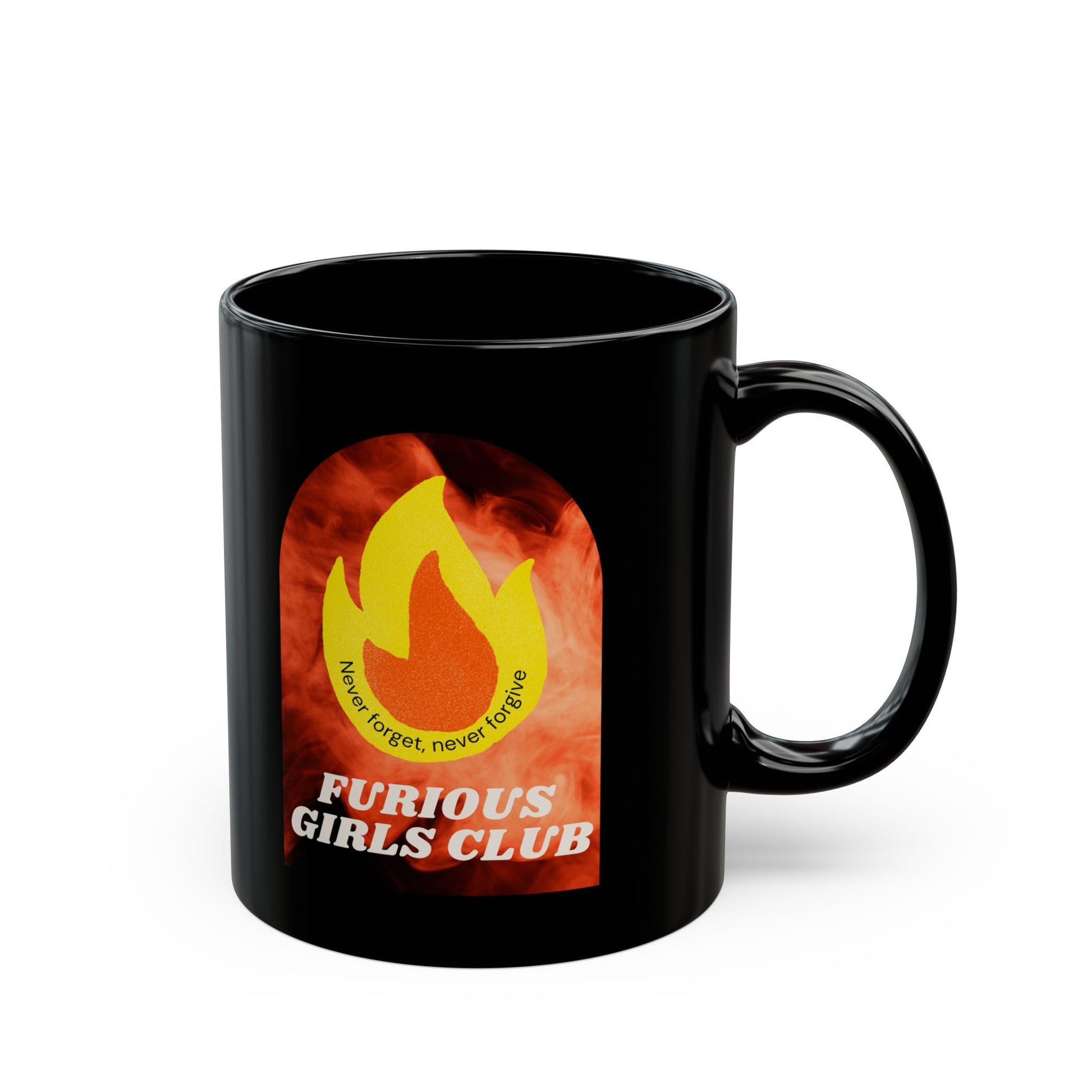 Furious Girls Club 11oz Black Mug | Feminist Resist Flames Coffee Mug