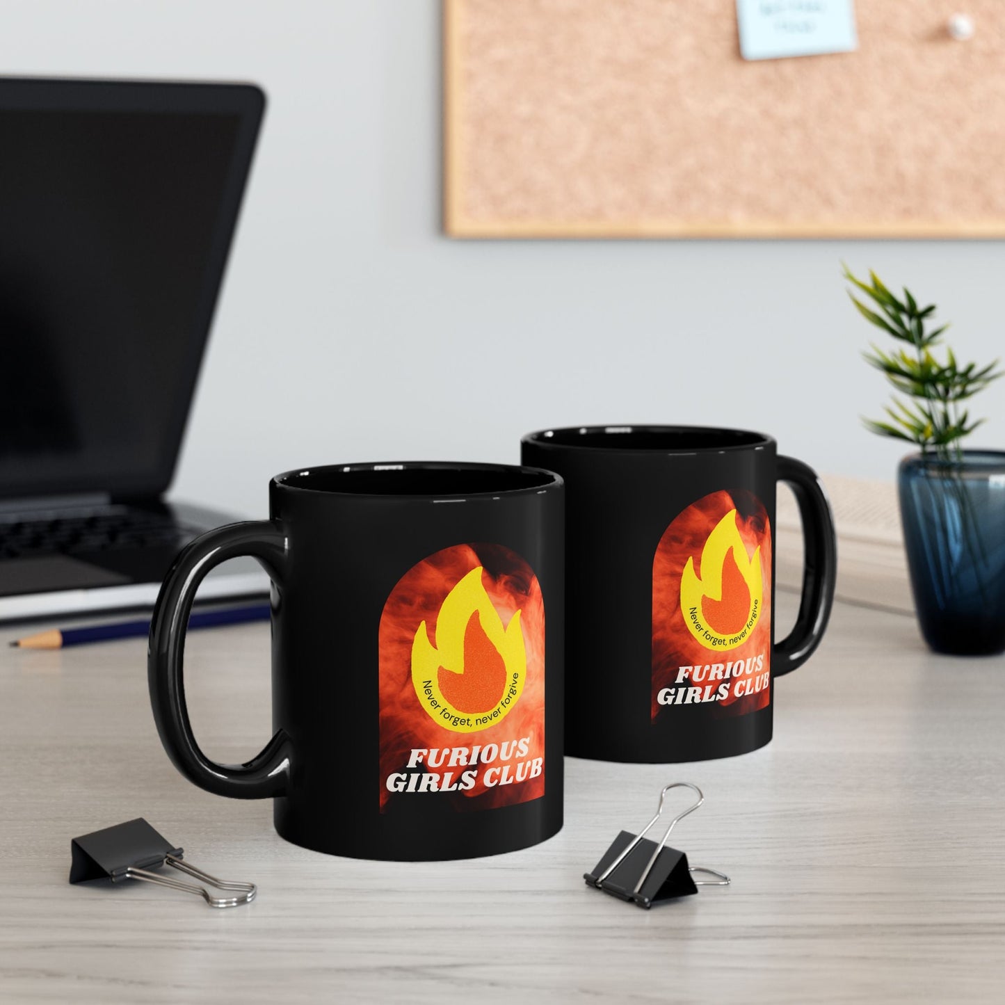 Furious Girls Club 11oz Black Mug | Feminist Resist Flames Coffee Mug