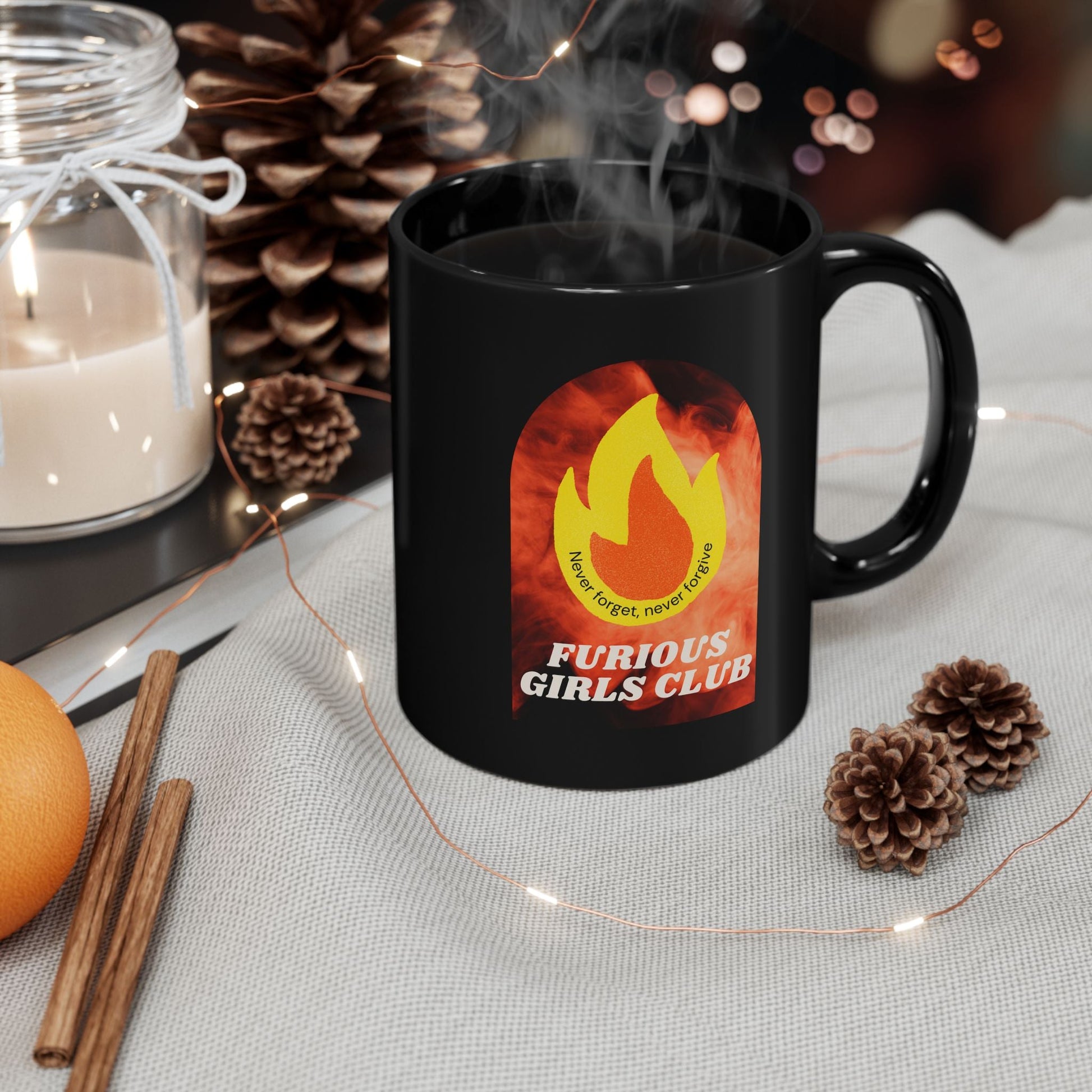 Furious Girls Club 11oz Black Mug | Feminist Resist Flames Coffee Mug