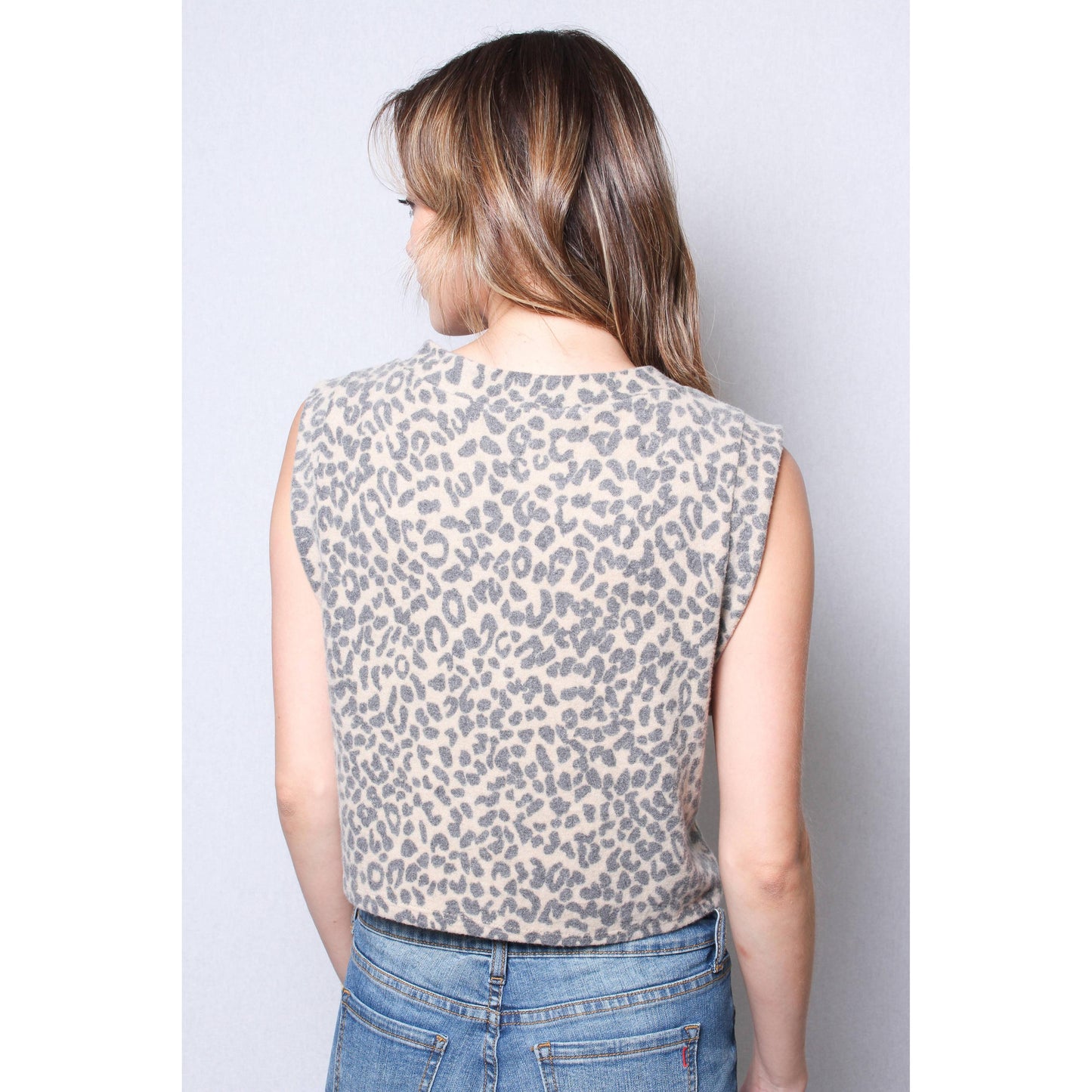 Fuzzy Animal Print Button Front Sweater Vest Cropped Top in Charcoal or Camel [Sizes SM–L]