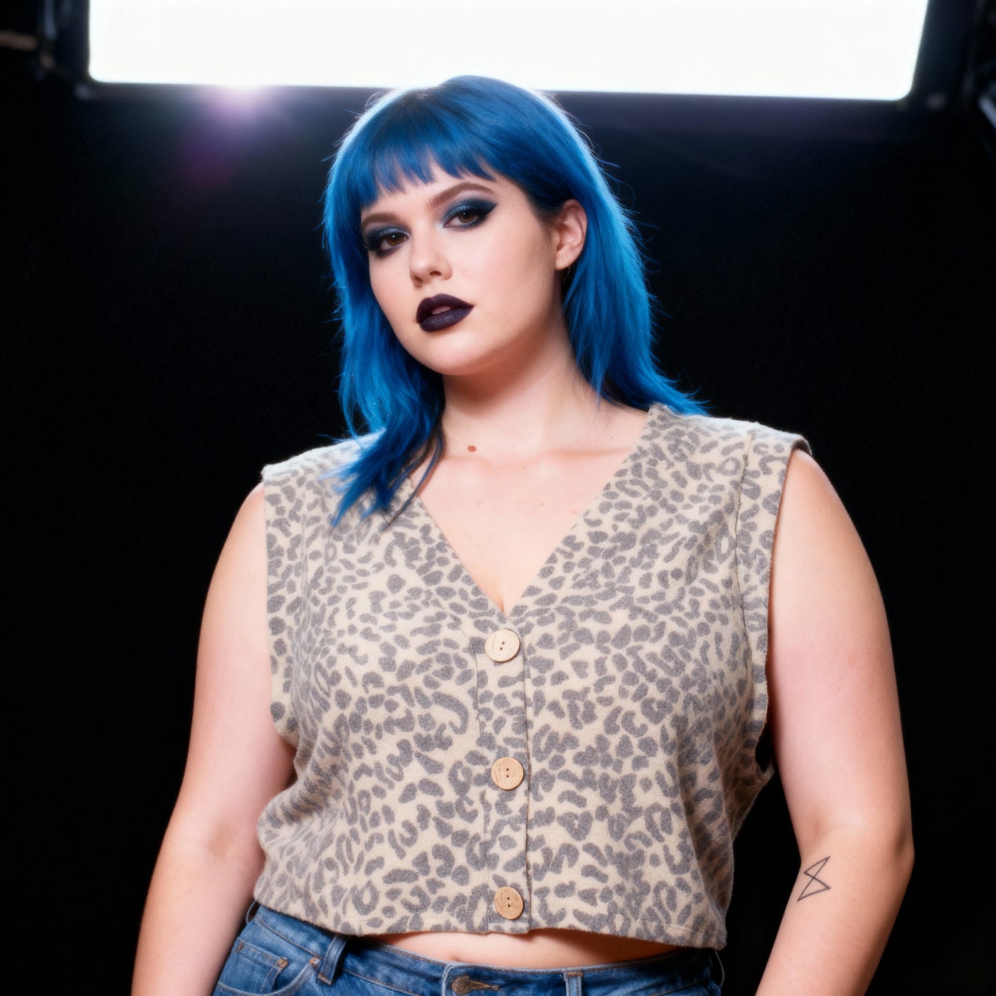 Fuzzy Animal Print Button Front Sweater Vest Cropped Top in Charcoal or Camel [Sizes SM–L]