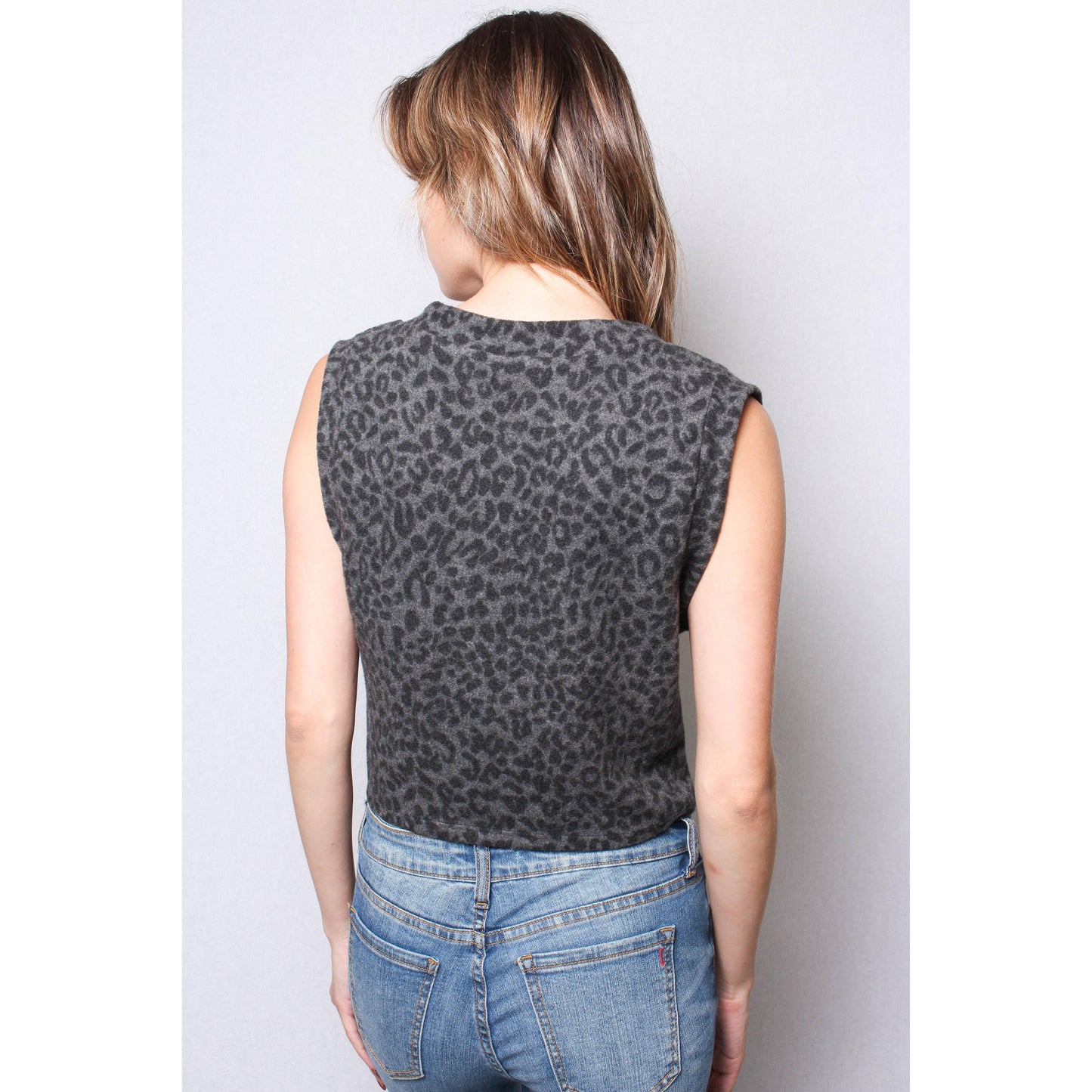 Fuzzy Animal Print Button Front Sweater Vest Cropped Top in Charcoal or Camel [Sizes SM–L]