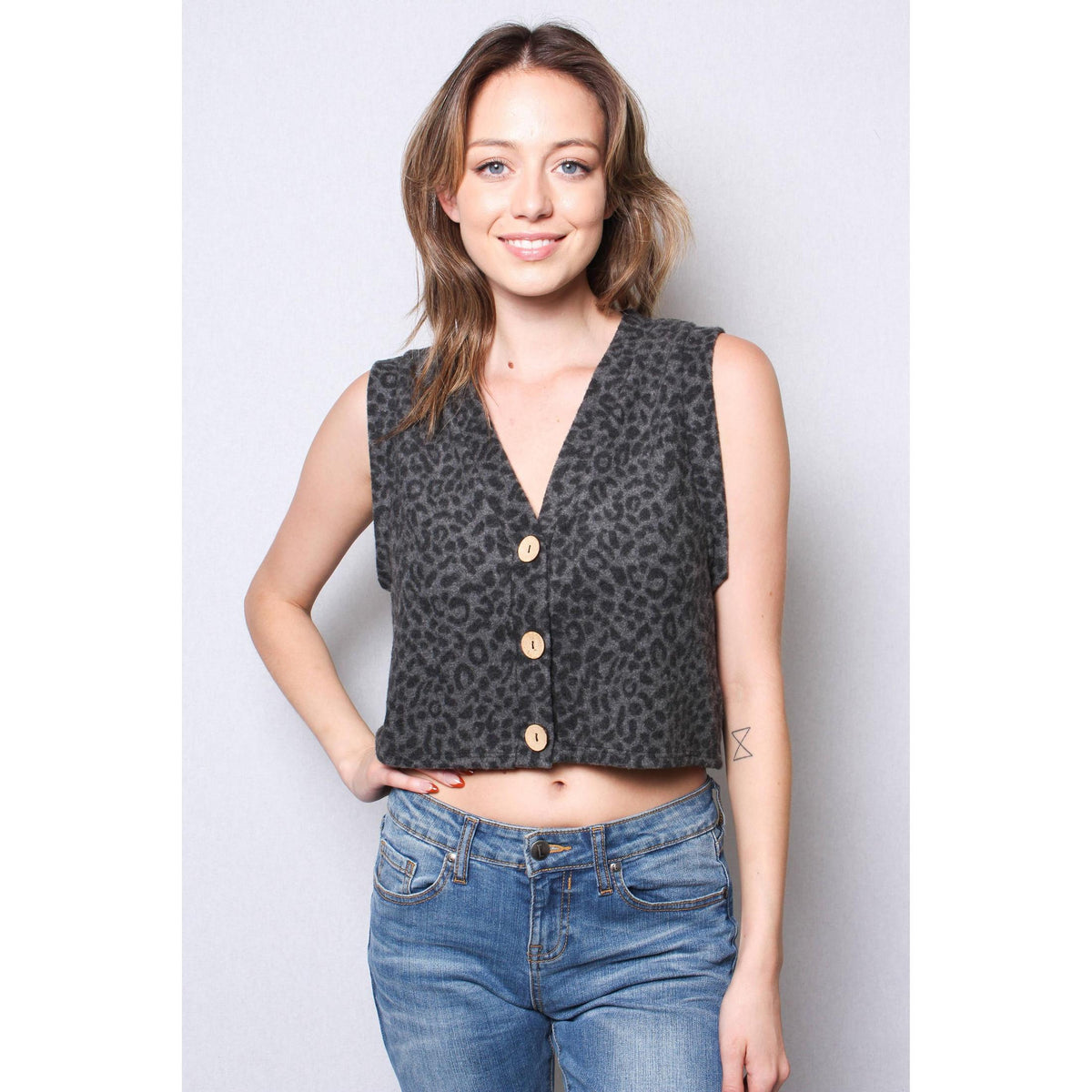 Fuzzy Animal Print Button Front Sweater Vest Cropped Top in Charcoal or Camel [Sizes SM–L]