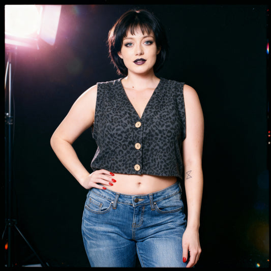 Fuzzy Animal Print Button Front Sweater Vest Cropped Top in Charcoal or Camel [Sizes SM–L]