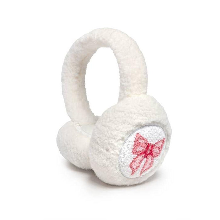Fuzzy Earmuffs in White with Pink Ribbon Bows | Winter Ear Warmer Cover Caps