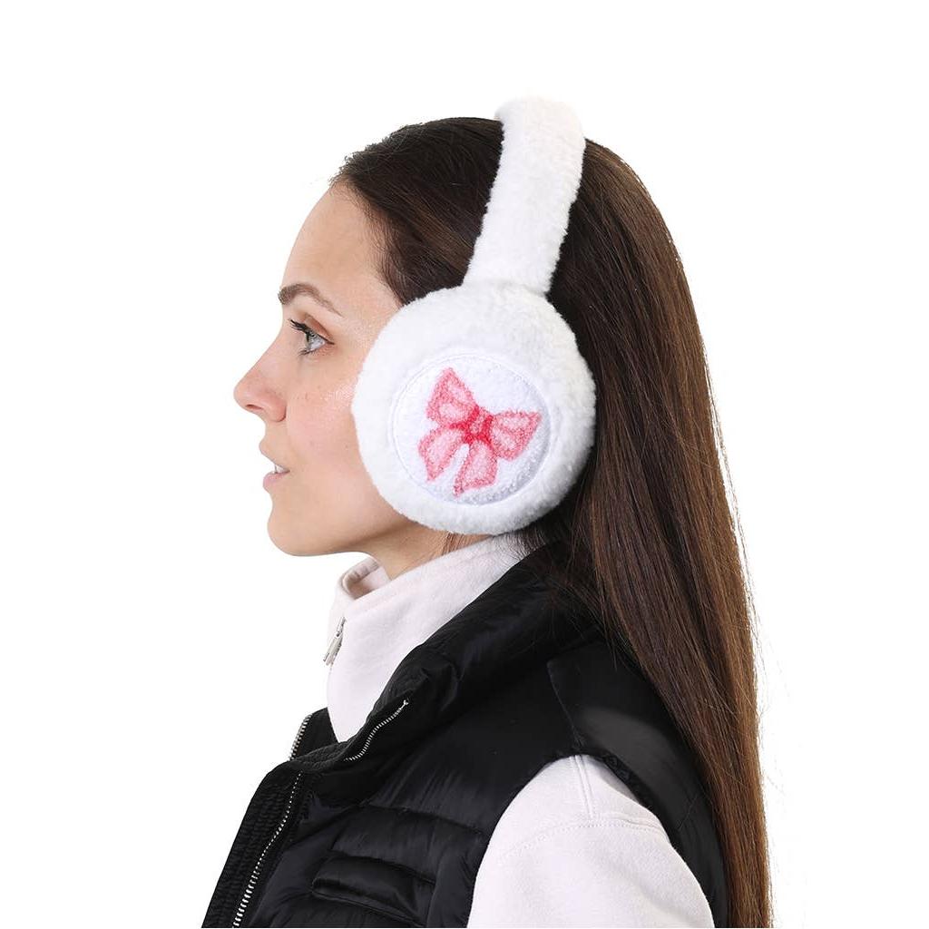 Fuzzy Earmuffs in White with Pink Ribbon Bows | Winter Ear Warmer Cover Caps